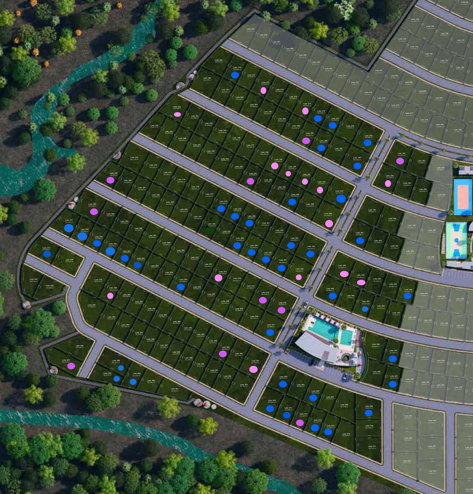 Plano urbanístico de VANTTO Residences, Etapa 1 Origen, con la ubicación de los 177 lotes